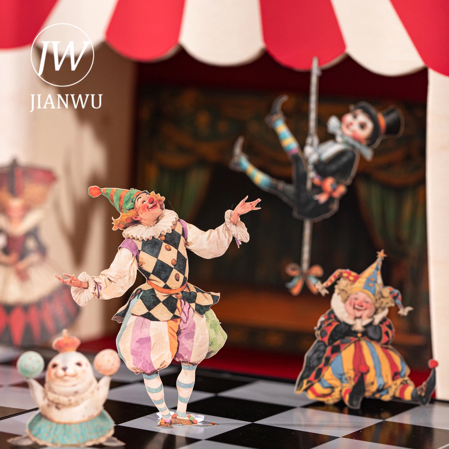 JIANWU Carnival Party Series Vintage Circus Clown Landscape Material Collage Scrapbooking Sticker Creative Journal Stationery