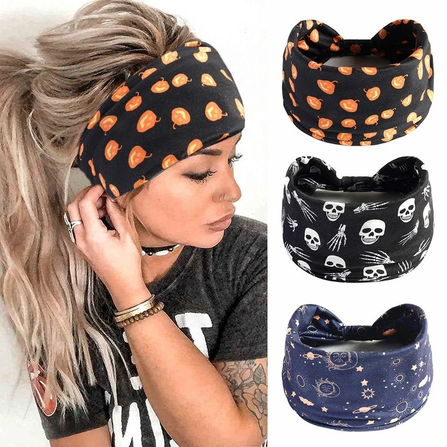 

3pcs Halloween Wide Headband Pumpkin Skull Space Print Yoga Exercise Headband For Women