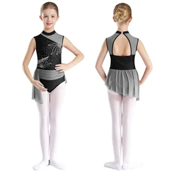 Kids Girls Gymnastics Figure Skating Ballet Dance Costume Sleeveless Shiny Rhinestone Sheer Mesh Leotard Performance Dancewear