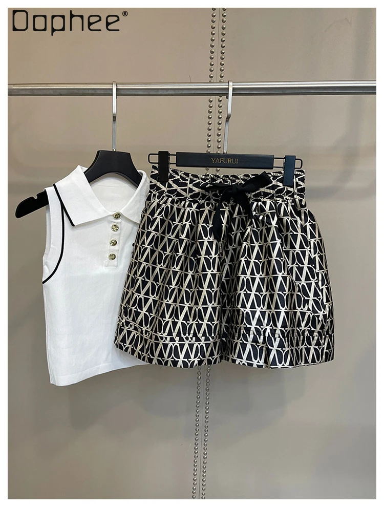 Retro Jacquard Shorts Women Clothing Summer Fashion Versatile Elastic Waist Casual Loose Wide-leg Pants Versatile Trendy Shorts