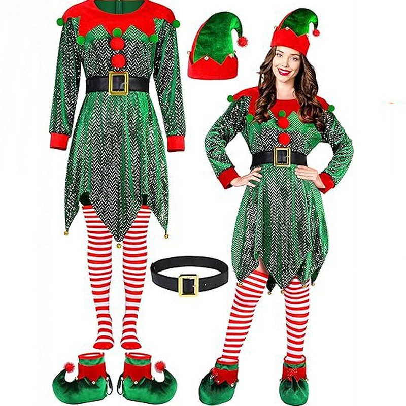 

Adult Christmas Elf Set Party Performance Dress Set Cosplay Dress Hat Socks Pants Belt Shoes New Year Sequined Party Costume