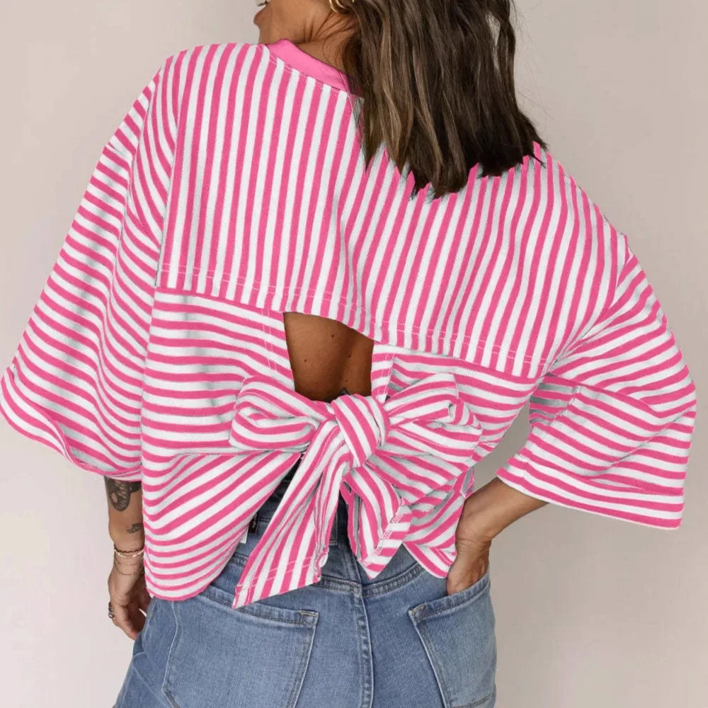 Women's Fashion Striped T-Shirt Top Summer Sexy Back Hollow Tie Bow Short-sleeved T-shirts New Casual Loose Streetwear Lady Top