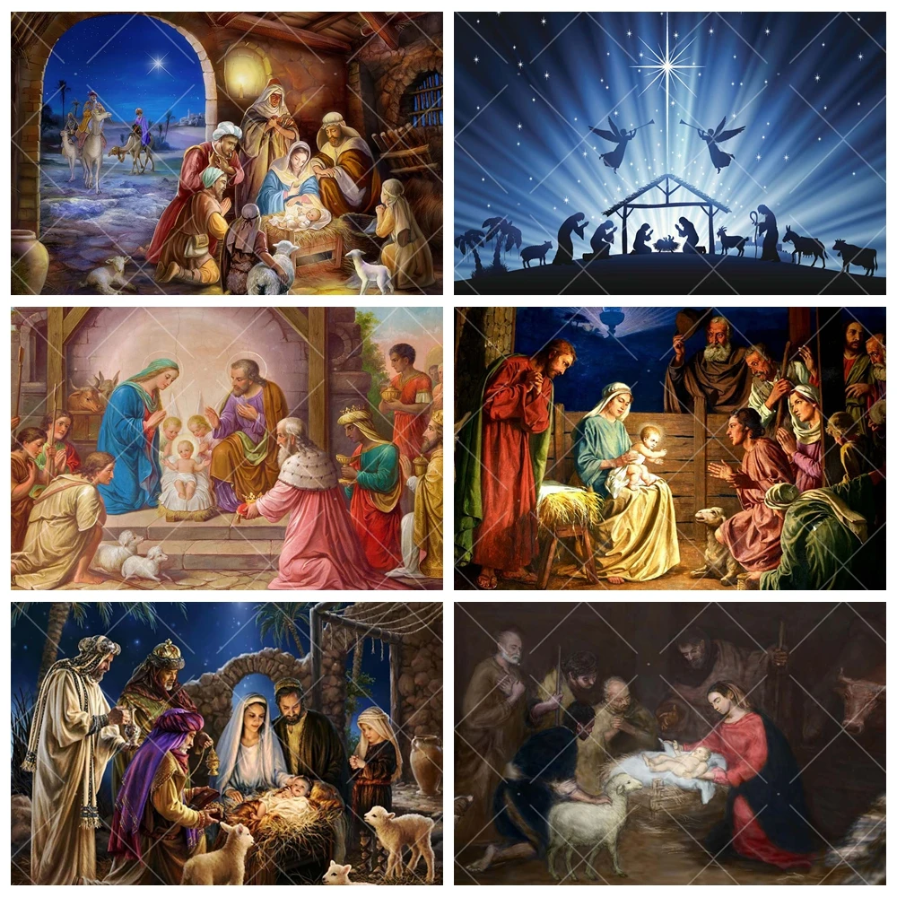 Jesus Birth Scene Oil Painting Style Backdrop Custom Christian Gathering Holy Communion Theme Photograph Background Photo Studio