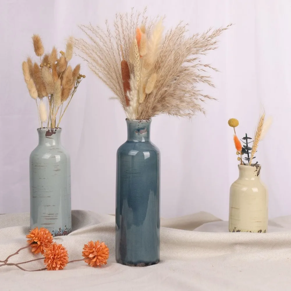 3-Piece Multicolor Ceramic Vase Set - Coastal Farmhouse Decor for Living Room, Dining Table, Shelf Display