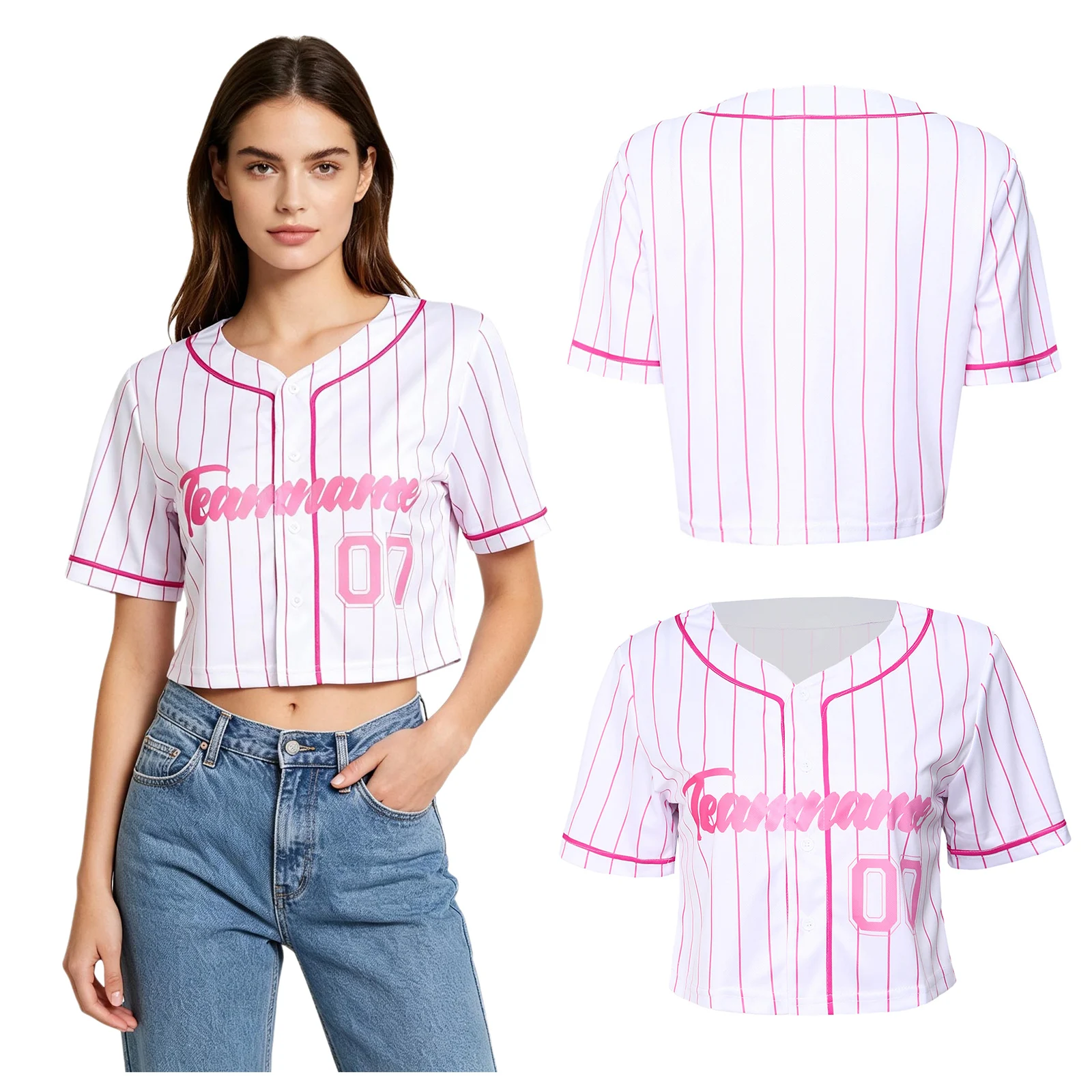 Womens Short T Shirt American-style Cropped Letters-printed V-neck Short Sleeve Buttons Stripes Baseball Tops for Summer Casual