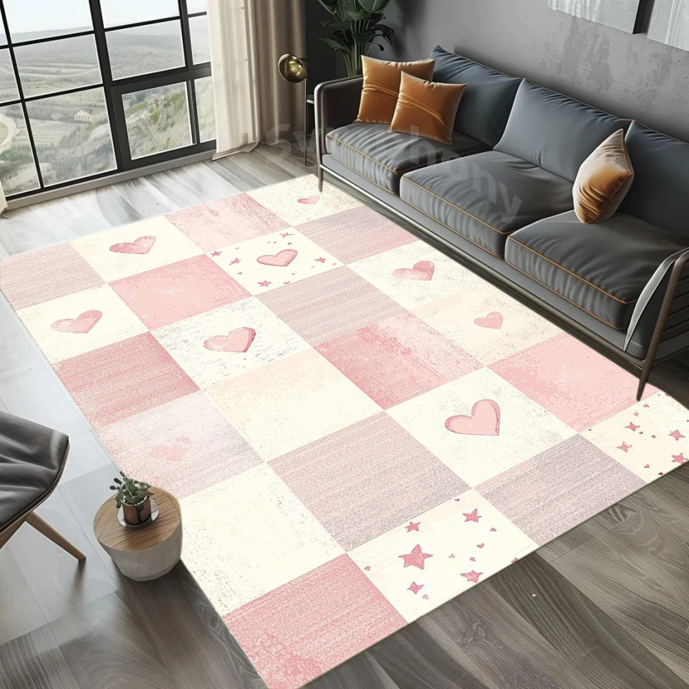 Niedlicher, romantischer, kariertes Teppich mit Herzmuster, weiche Bodenmatte für Wohnzimmer, Schlafzimmer, Mädchenzimmer, Heimdekoration