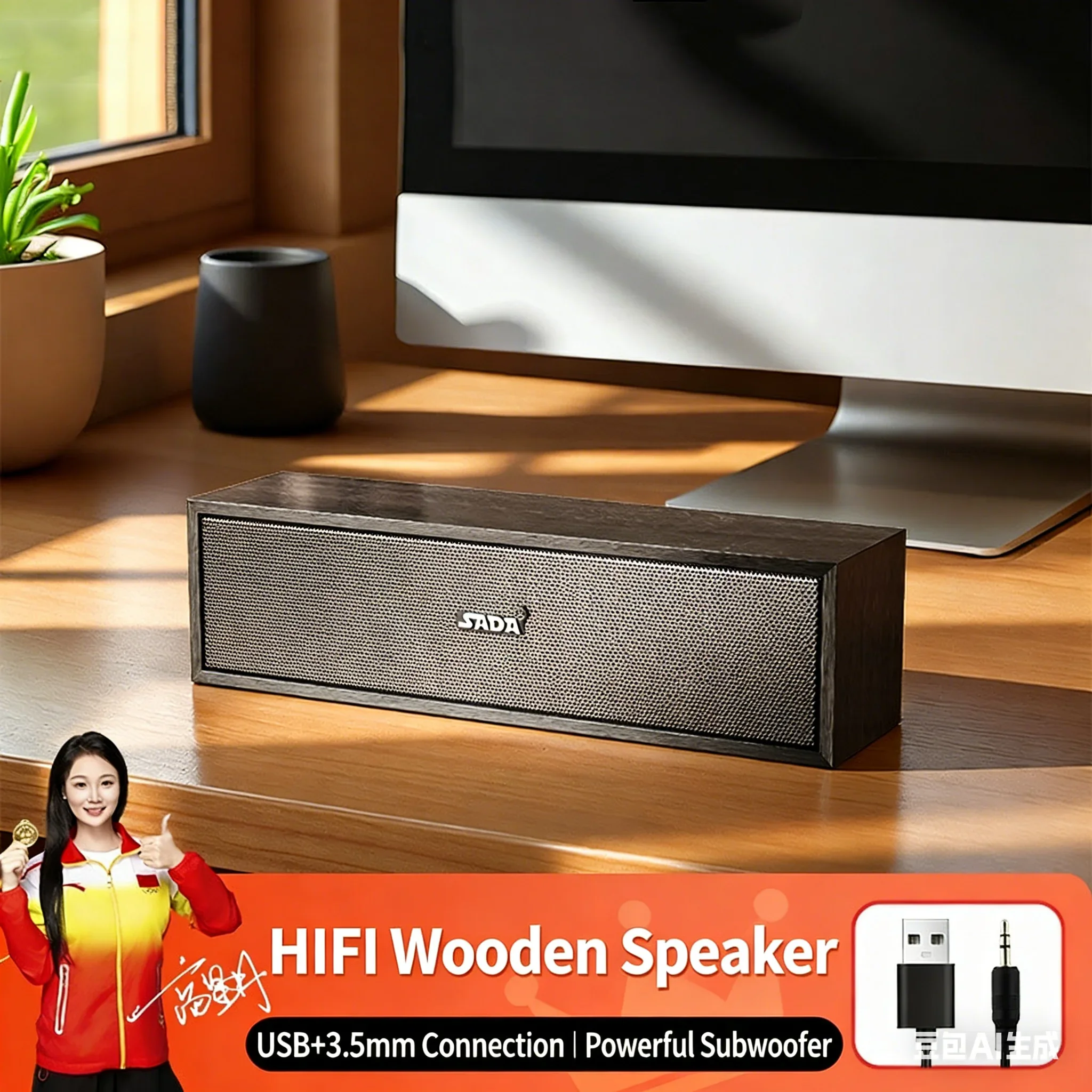 مكبر صوت للكمبيوتر يعمل بمنفذ USB مع غلاف خشبي، مكبر صوت ستيريو HiFi كامل المدى للصوت على الكمبيوتر المحمول/سطح المكتب/المكتب المنزلي