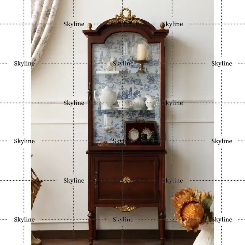 French Retro Solid Wood Carved Flower Glass Display Cabinet Antique Multi-functional Storage for Bedroom