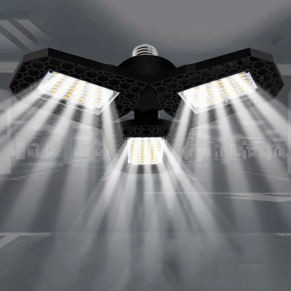 LED Garage Ceiling Light Foldable Three Adjustable Panels Bright Deformable Lamp for Warehouse Workshop