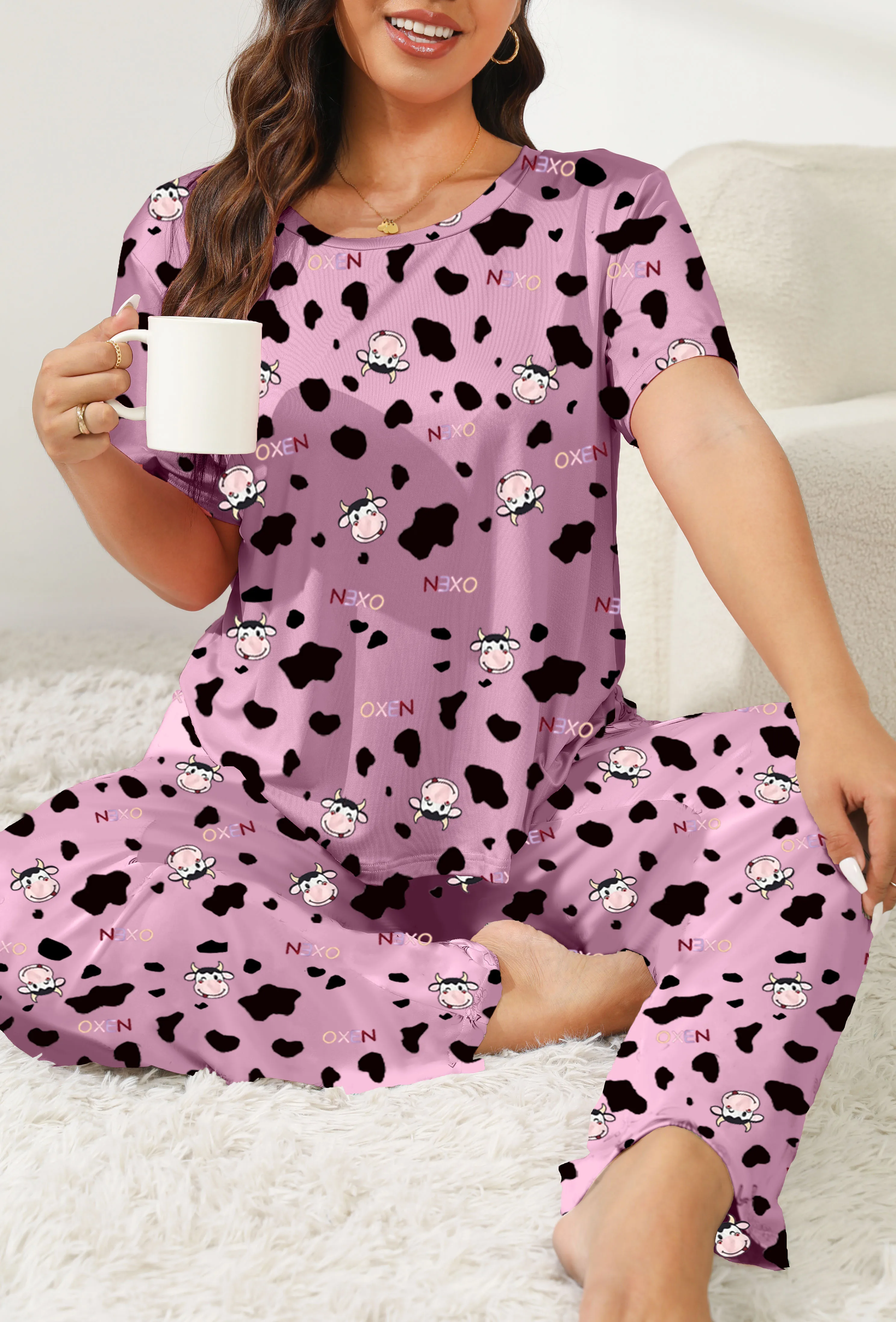 

Plus Size Cow Print Short Sleeve Pajama Set