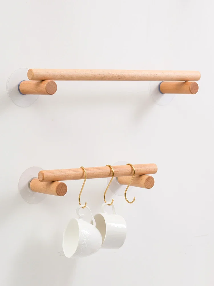 

Japanese-style storage rack beech wood punching-free bathroom towel pole creative B&B hotel wall hanging pole