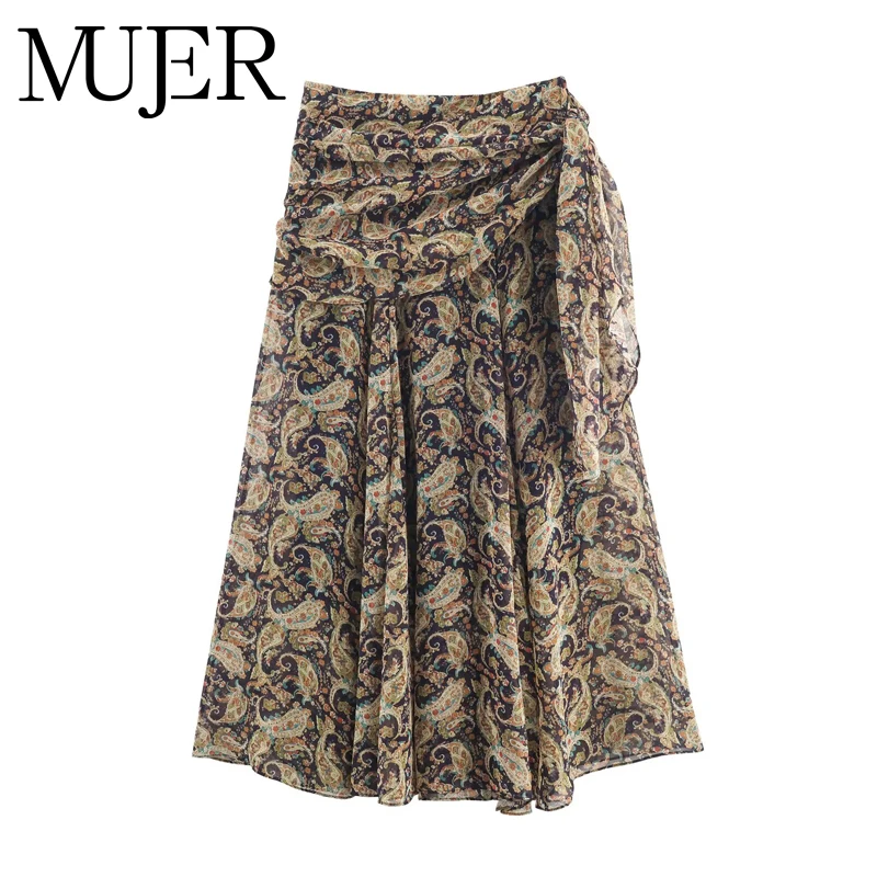 

MUJER Print Flared Long Skirt Woman Boho Layered Skirt Women Pleated Maxi Skirts for Women Mid Waist Women's Skirt Cylinder