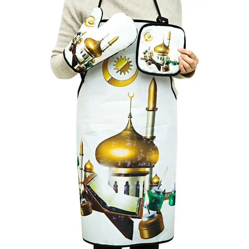 E8BD Eid Mubarak Baking Apron Roasting Glove Insulated Mat Ramadan Decoration