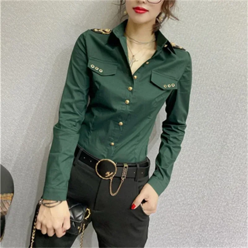 New Slim Summer Short-sleeved Shirt Women Epaulettes Autumn Long Sleeve Shirt White Korean Fashion Top Single-breasted