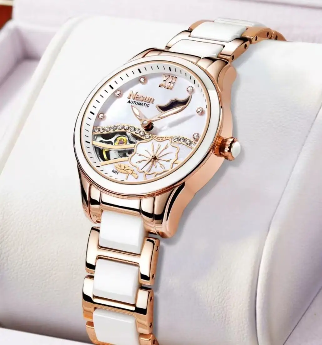 ساعة نسائية هدية للرجال من NESUN، ساعة نسائية ميكانيكية أوتوماتيكية بالكامل، أنيقة، كاجوال، مضيئة بهيكل عظمي، هدية للرجال