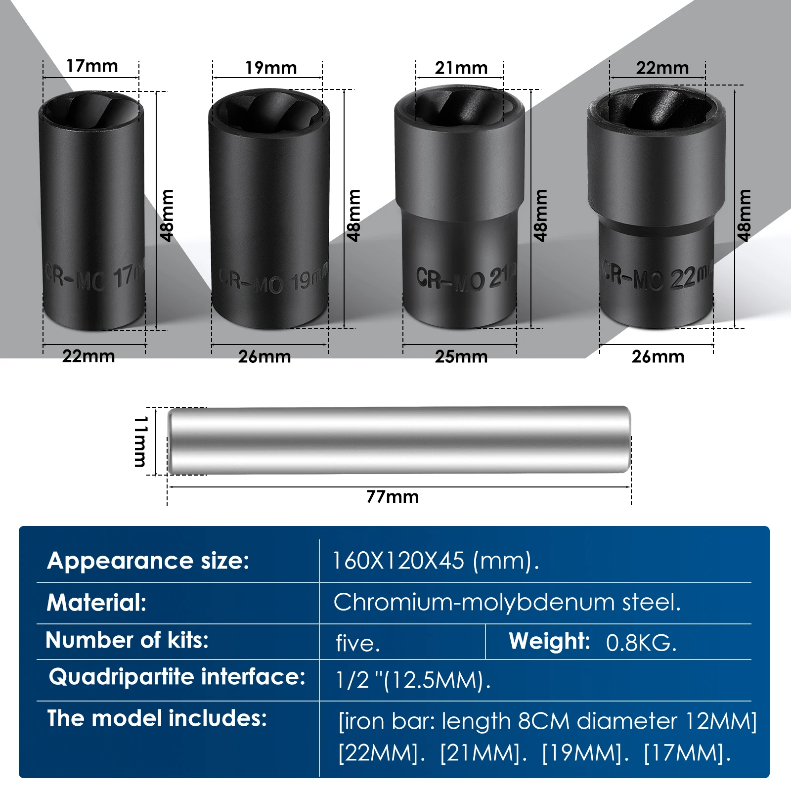 5Pcs/Box Lug Nut Remover Removal Tool 1/2inch Drive Twist Socket Set 17mm 19mm 21mm 22mm Nut and Bolt Extractor Car Acesssories