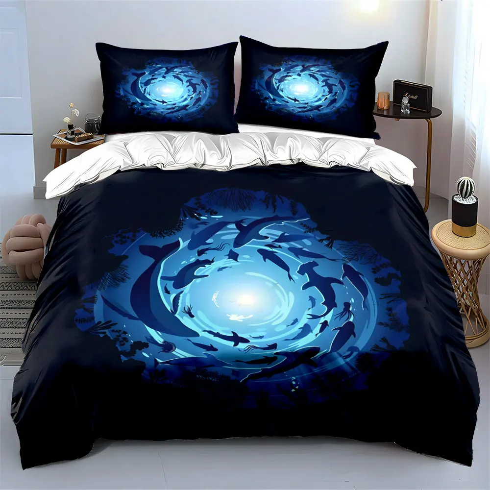 Marine Creatures Around Blue Vortex Printed Duvet Cover Set 1 Duvet Cover+2 Pillowcase Multi Size Bedroom Bedding Decoration
