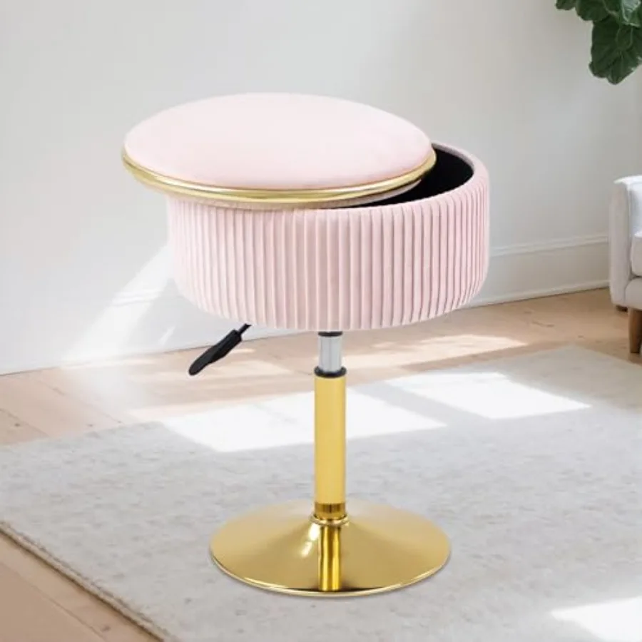 Adjustable Vanity Stool with Storage 360 Swivel Makeup Stool Chair Small Velvet Round Ottoman with Gold Base for Bedroom