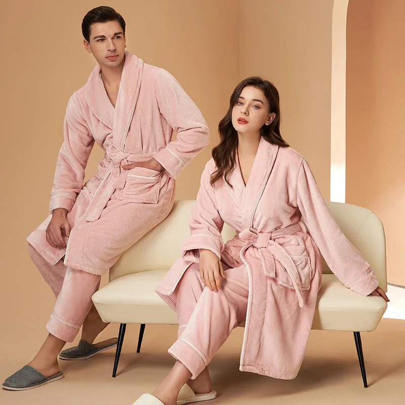 

Men Winter Extra Long Warm Flannel Bathrobe Pant Sets Plus Size Coral Fleece Robes Long Sleeve Bath Robe Pijama Women Sleepwear