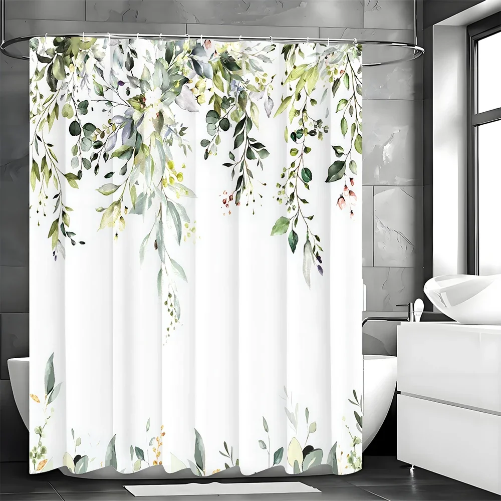 

Green Eucalyptus Shower Curtain, Spring Watercolor Botanical Leaf and Flower Shower Curtain for Bathroom, Waterproof Fabric, Sho