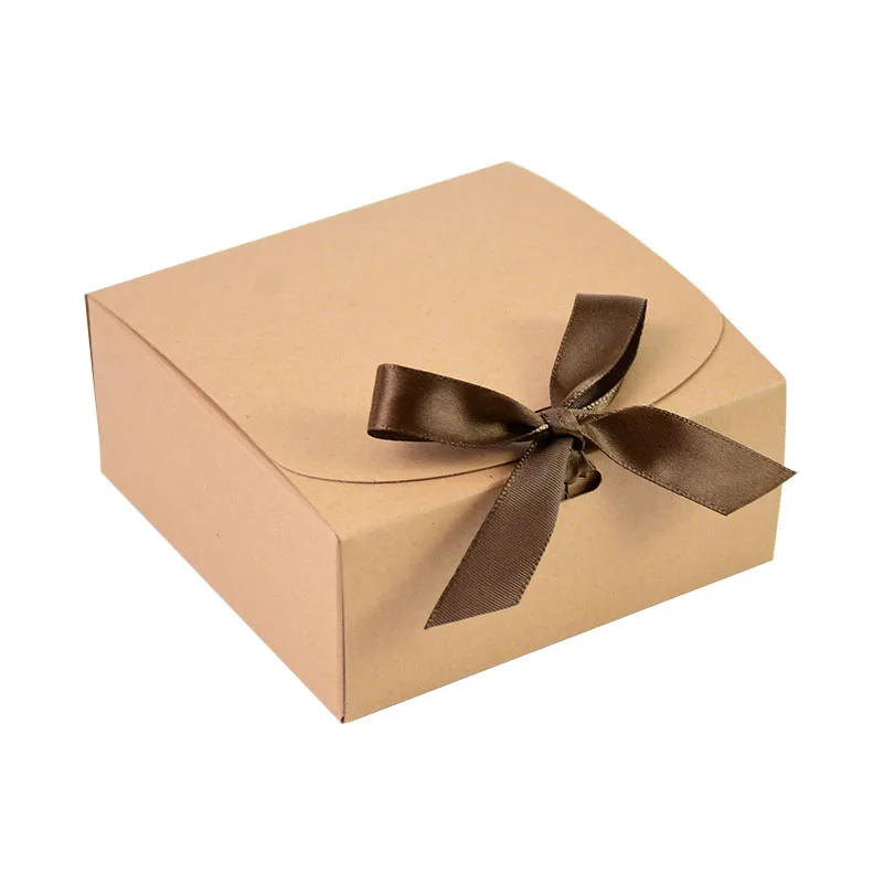 1pc Big Kraft Paper Gifts Box White/Brown Kraft Carton Packaging Boxes With Bow Wedding Birthday Party Candy Package Supplies