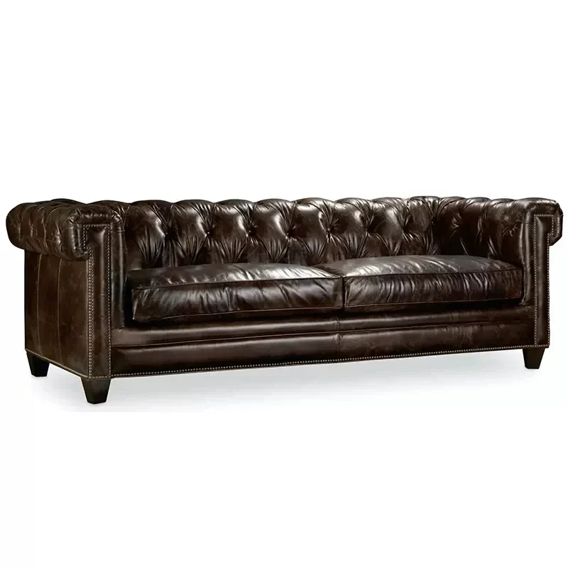 Chesterfield Sofa | Top Graded Genuine Leather Sectional Living Room Sofa American Style Oil Wax Leather 3-Seater Couch