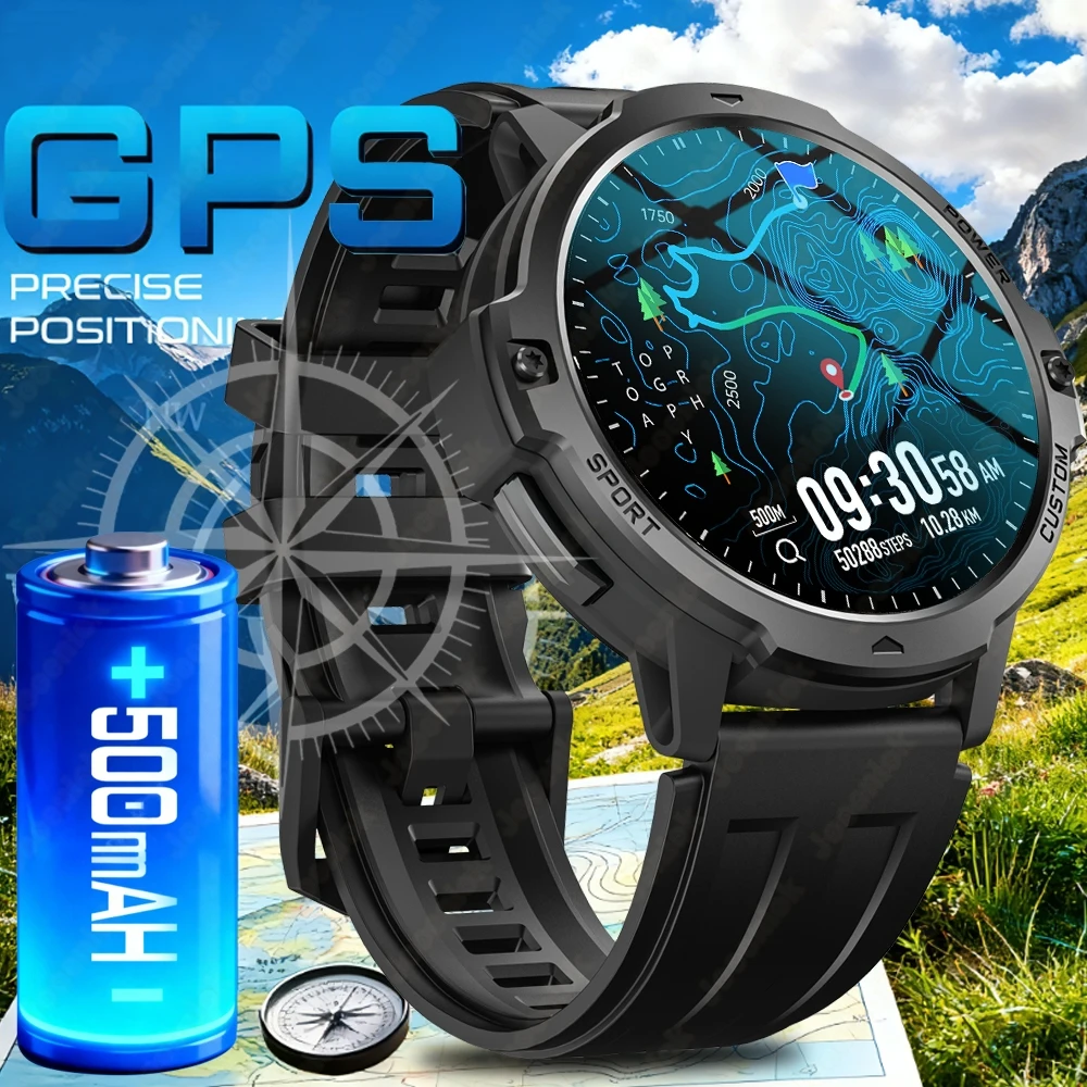 

2026Новые мужские военные уличные GPS-позиционирующие умные часы 500 мАч 5ATM Водонепроницаемые AMOLED HD Bluetooth Компас Высотомерные часы