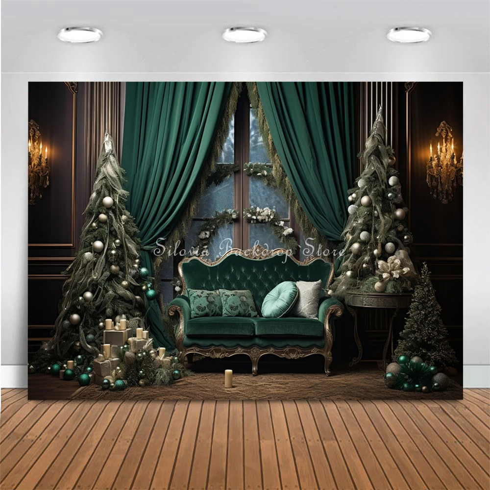 Vintage Room Photo Background Cloth Photography Backdrop Green Wall Fireplace Wreath Christmas Tree Bell Decor Merry Xmas Theme