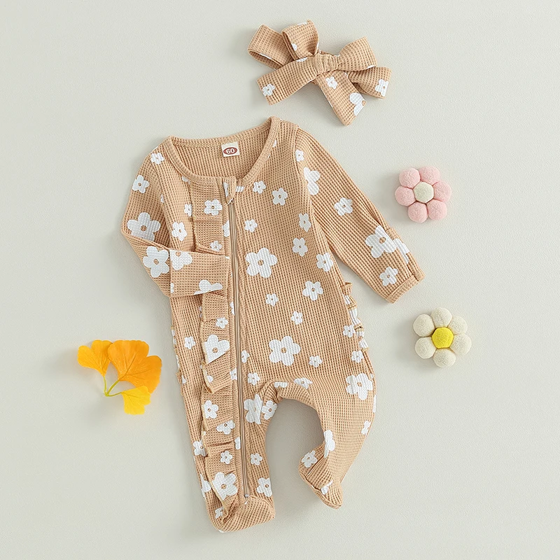 2023-07-08 Lioraitiin 0-6M Infant Baby Girl Footed Jumpsuit Cartoon Floral Print Long Sleeve Front Zipper Closure Romper