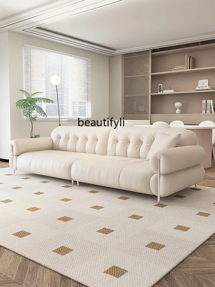 First Layer Cowhide Cloud Sofa Mid-Ancient Style Cream Style Straight Row Three-Seat Small Apartment Living Room Leather Sofa