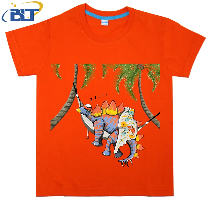 Cute Dinosaur Stegosaurus Sleeping Printed Kids T-shirt Summer Cotton Short Sleeve Casual Tops Suitable for Boys and Girls