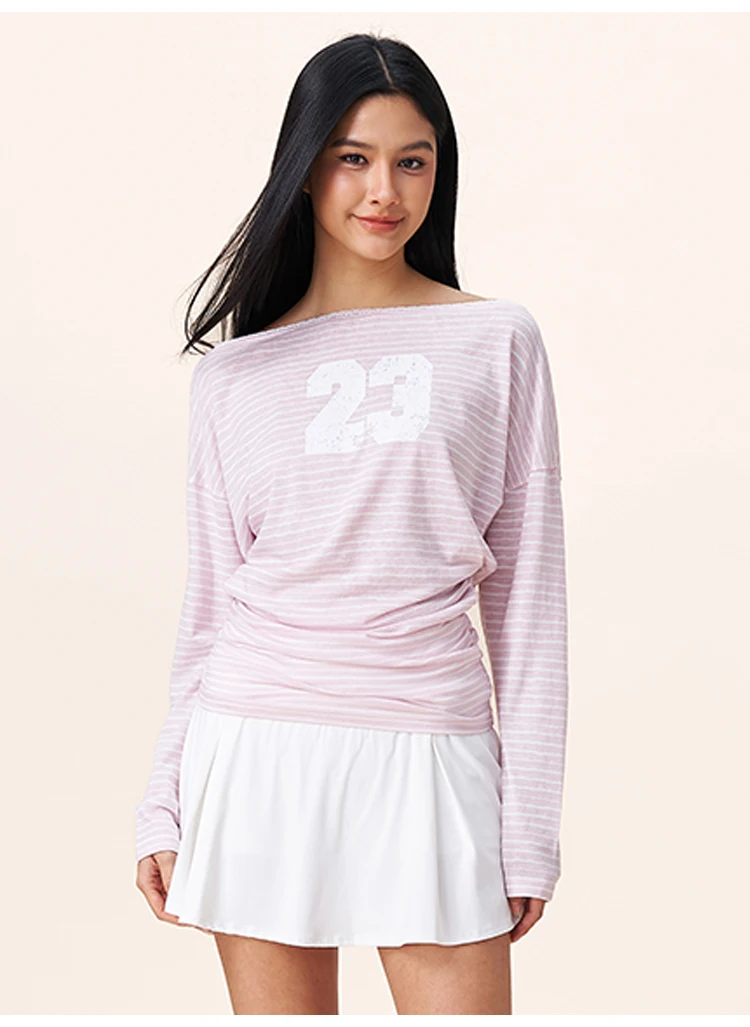YESCCI Print Long Sleeve T Shirts Woman 2026 Autumn New Off Shoulder Lace Trim Women Top Loose Fit Casual Striped Tee S563210 76 See8292e06c094cfabb0aed235eb22626W