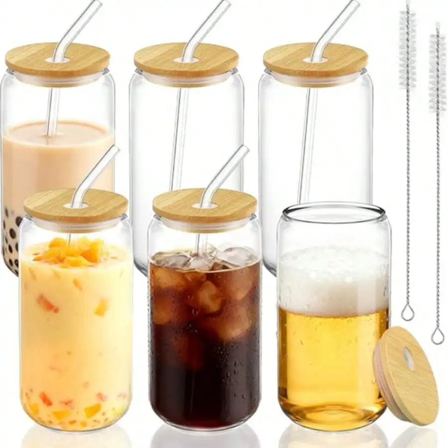 Offers 6 Pieces Of Glass Cups With Bamboo Lids And Straws, A 16-Ounce (Approximately 453.6 Grams)Iced Coffee Cup With A Wooden Lid, A Must-Have Household Glass Cup Suitable For Beer, Cocktails,Tea And Lattes.