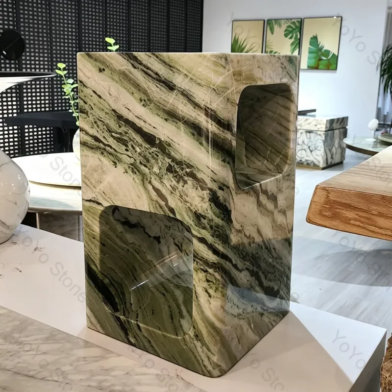 Minimalist Green Marble Rectangular Block Side Table with Hollow Cutouts and Polished Surface for Showroom Living Room