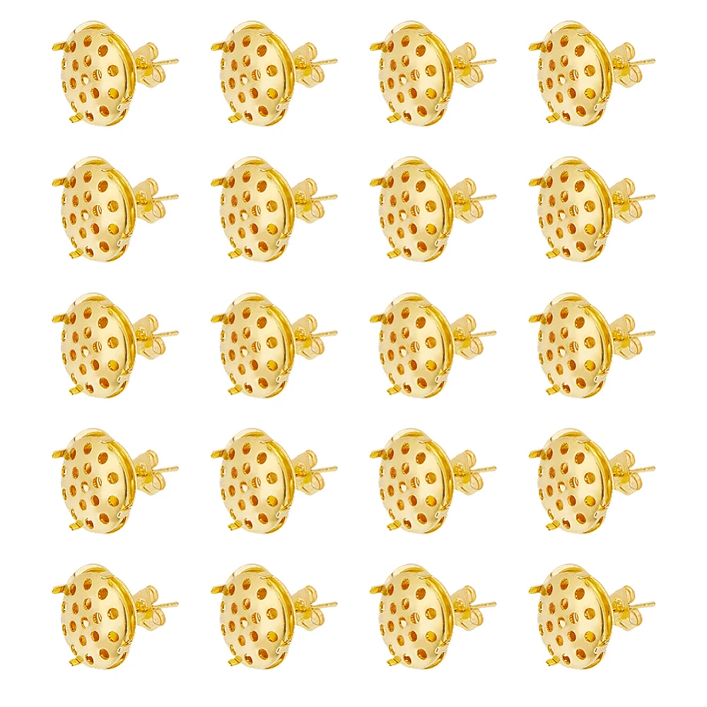 20 Pairs Brass Stud Earring Findings with Sieve Base Rubber Backs Metal Ear Nuts Earring Stud Round Earring Tray Disc