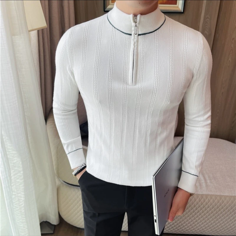 2025 Men's Half High Collar Zipper Knit Sweater Autumn Winter Slim Elastic Base Shirt Sweater Striped Pullover Men's Clothing