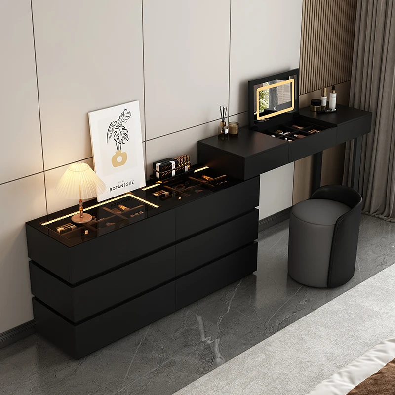

Light Flip Mirror Stool Vanity Table 6 Drawer Storage Organizer Luxury Dressing Table Modern Black Large Bedroom Furniture