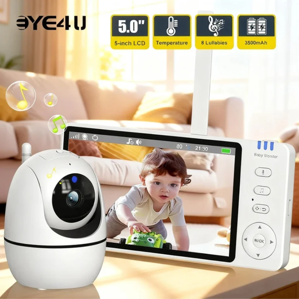카메라 PTZ 줌이 장착된 5인치 비디오 베이비 모니터 Babyphone 캠 보안 보호 감시 카메라 온도 센서 자장가