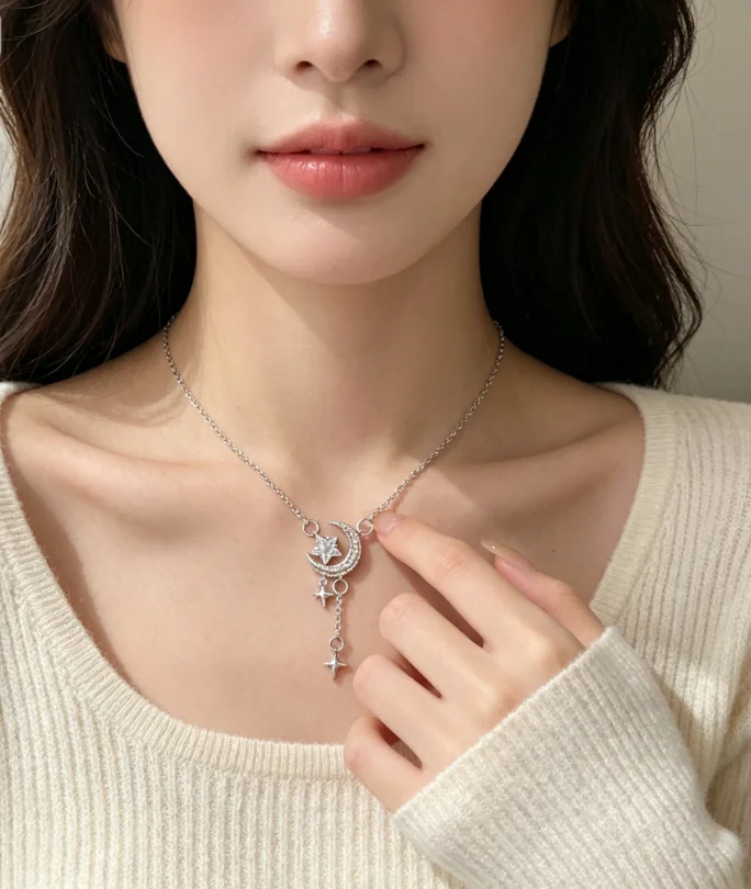 Silver Inlaid Zircon Crescent Moon Star Tassel Pendant Necklace Delicate Women Clavicle Chain Jewelry Gift for Daily Dating Birthday Present