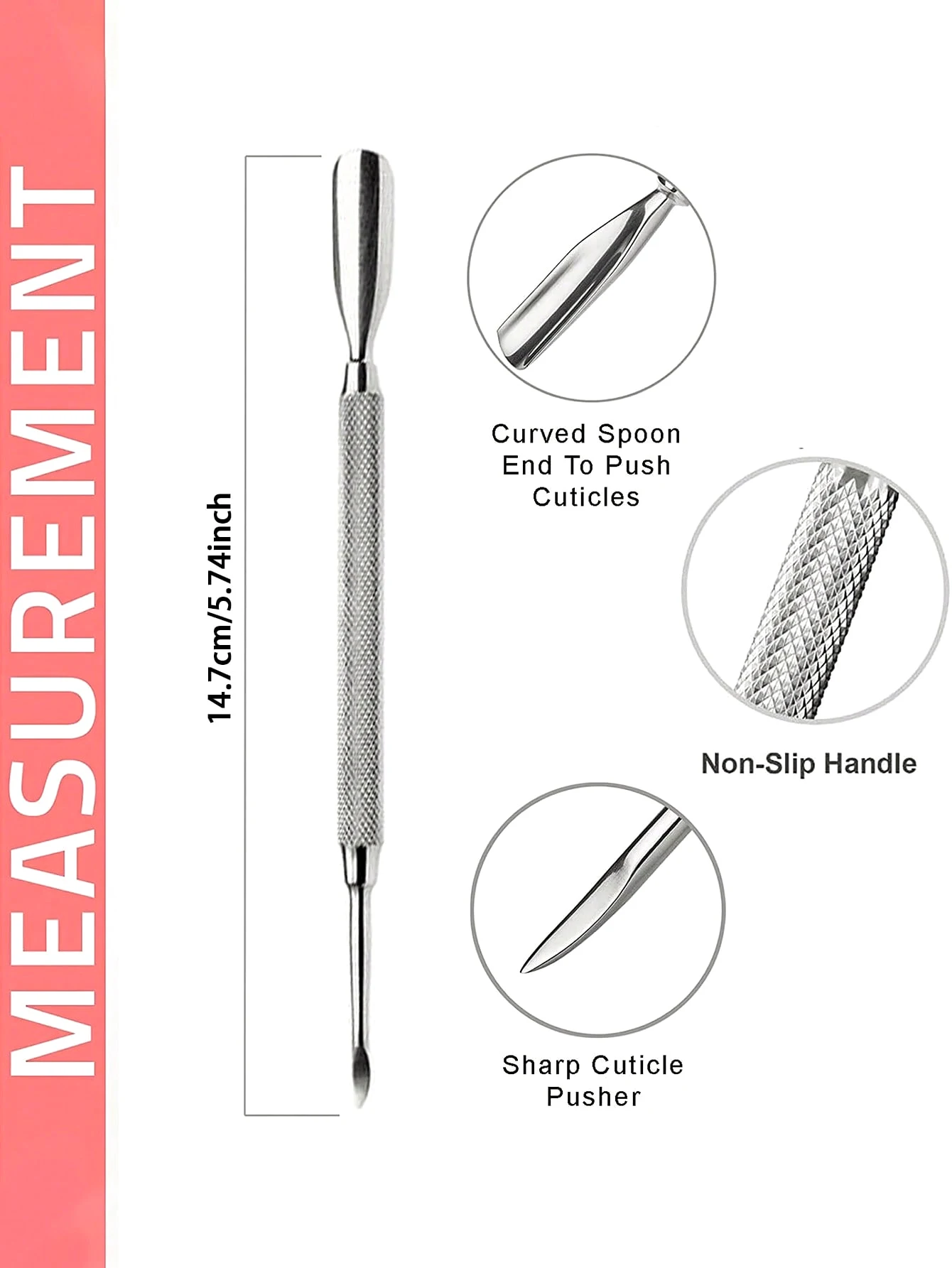 Cuticle Pusher Double Sided - Sharp Edge Spoon Shaped Dual Ended Cuticle Pusher Remover Clean Stainless Steel Manicure Pedicure