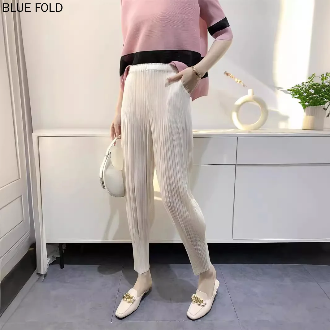 MIYAKE Pleats Summer Pants for Women High Waist Slim Comfortable Casual Wide Leg Nine Points Skinny Pants Pleated Pants