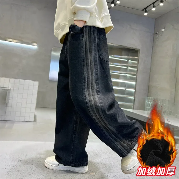 Kids Clothing Wram Fleece Thick Jeans Autumn and Winter New Handsome Wide-leg Pants Large Children Loose Straight Pants