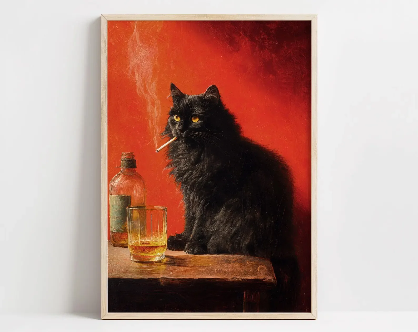 Póster de gato negro fumando un cigarrillo, impresión vintage, arte de pared caprichoso, arte animal divertido, póster para carrito de bar, cocina peculiar W