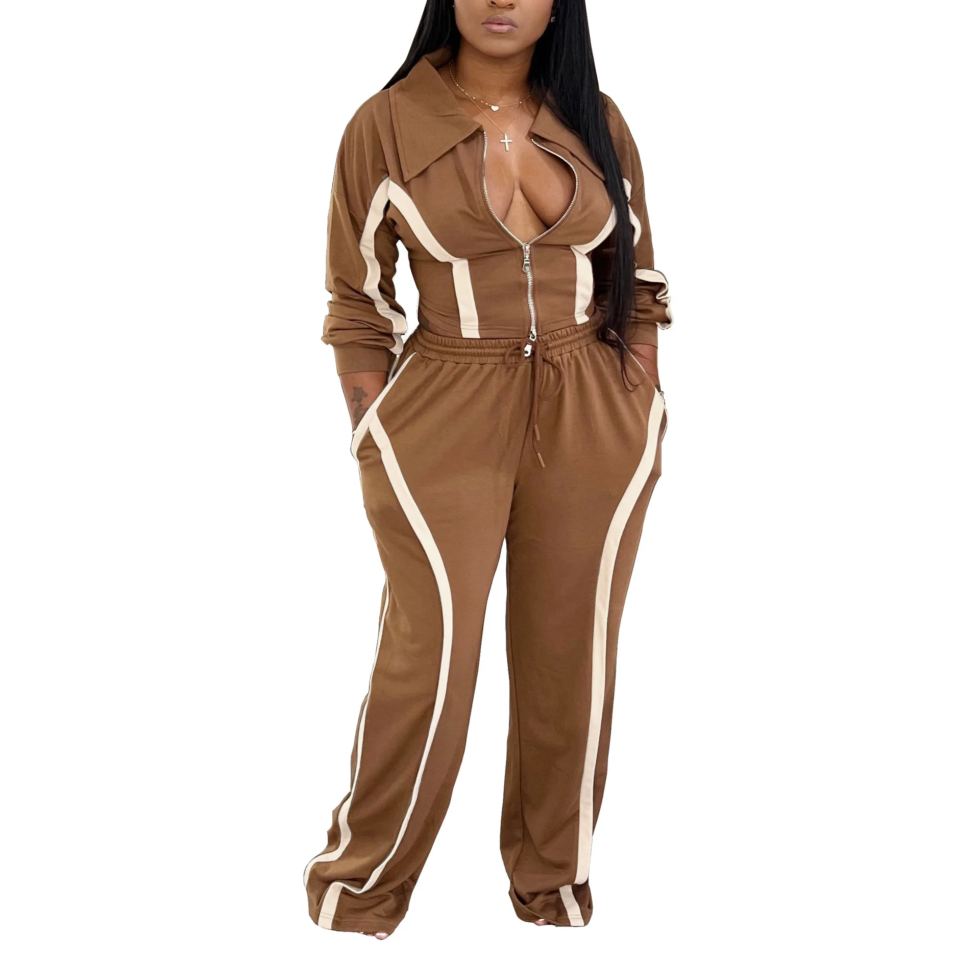 Pant Set Women Two Piece Sets Striped Turn Down Collar Full Sleeve Coat Long Pants Elastic Waist Lace Up Mix Splice 2026 Spring