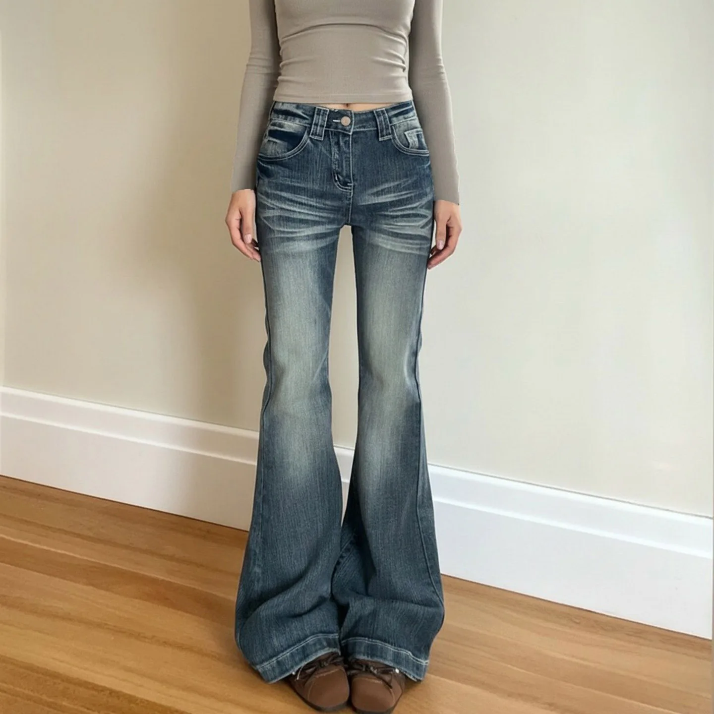 

Женские джинсы-клеш с широкими штанинами и высокой талией, из выстиранного денима, в стиле Y2K, для уличной моды, повседневные брюки, комплекты одежды