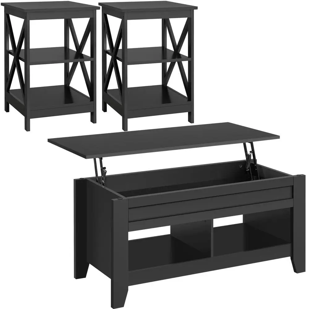 

41in Lift Top Coffee Table & Side Table Set Storage Compartment 3-Tier Shelf Living Room Black, Customized