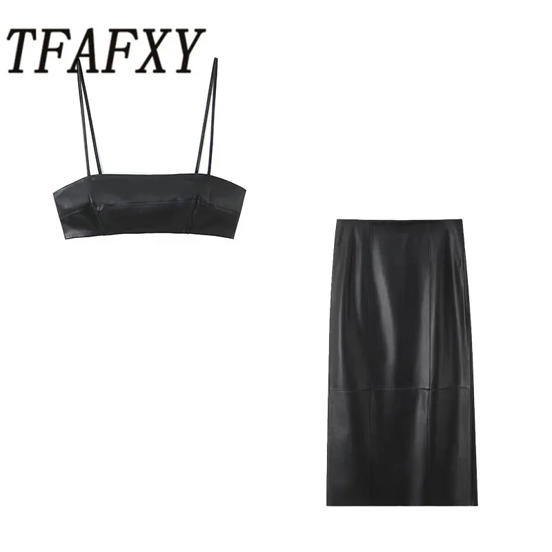 

TFAFXY 2026 Весенний повседневный однотонный шикарный женский костюм из искусственной кожи на бретельках, тонкий складной жилет, свободная юбка-миди, новые модные женские комплекты