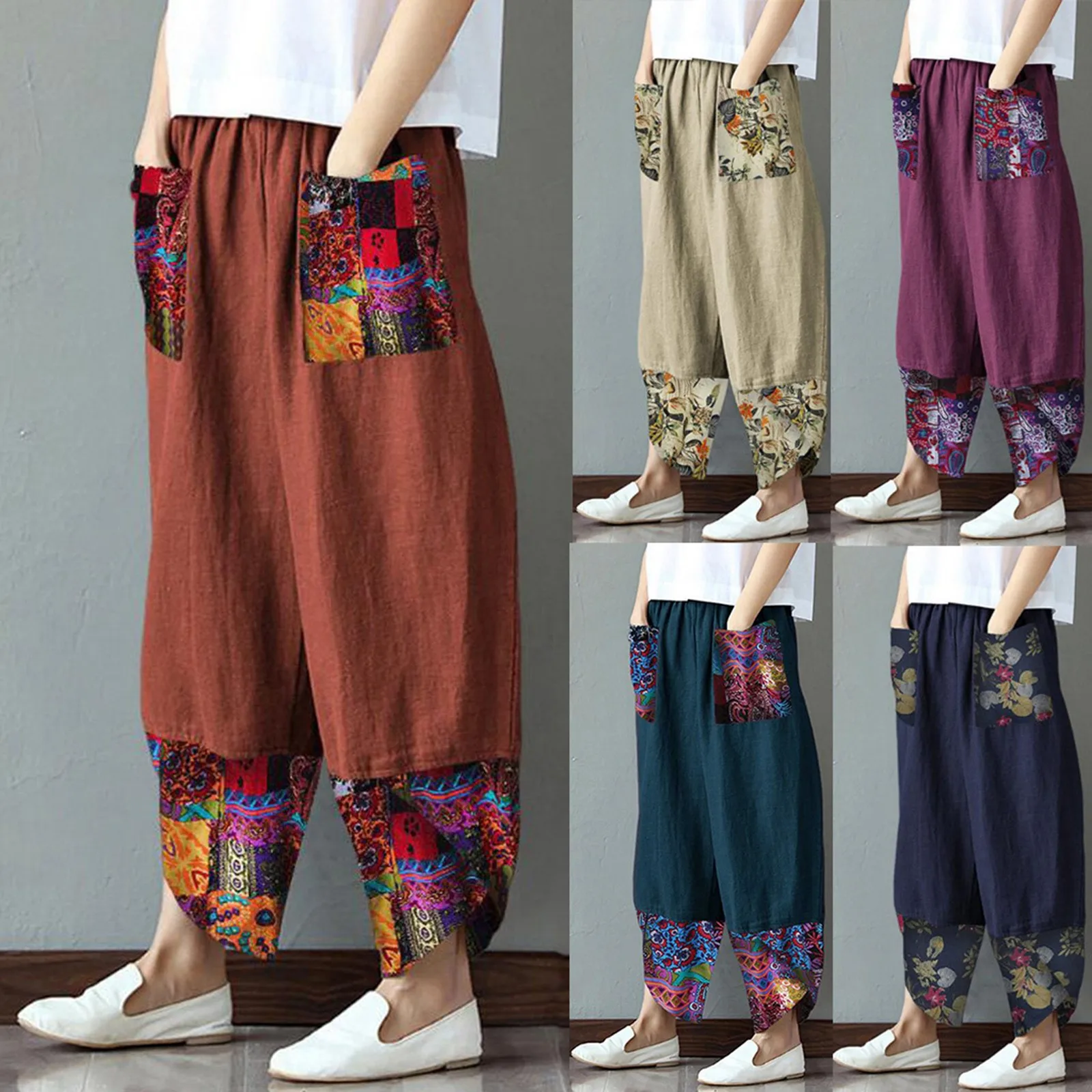 Casual Women Trousers Full Length Summer Elegant Elastic Waist Pants Bottoms Harem Pants for Daily Wear Wide Loose Print Pants