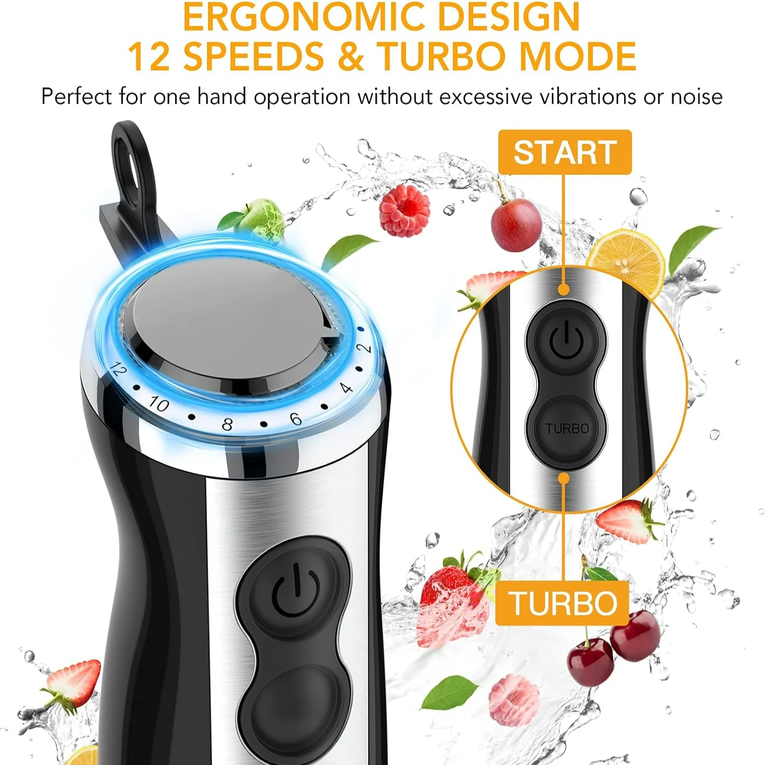 Krachtige BPA-vrije 800W 5-in-1 handblender met 12 snelheden en turbomodus voor smoothies, soep, saus - inclusief 600 ml mengbeker,