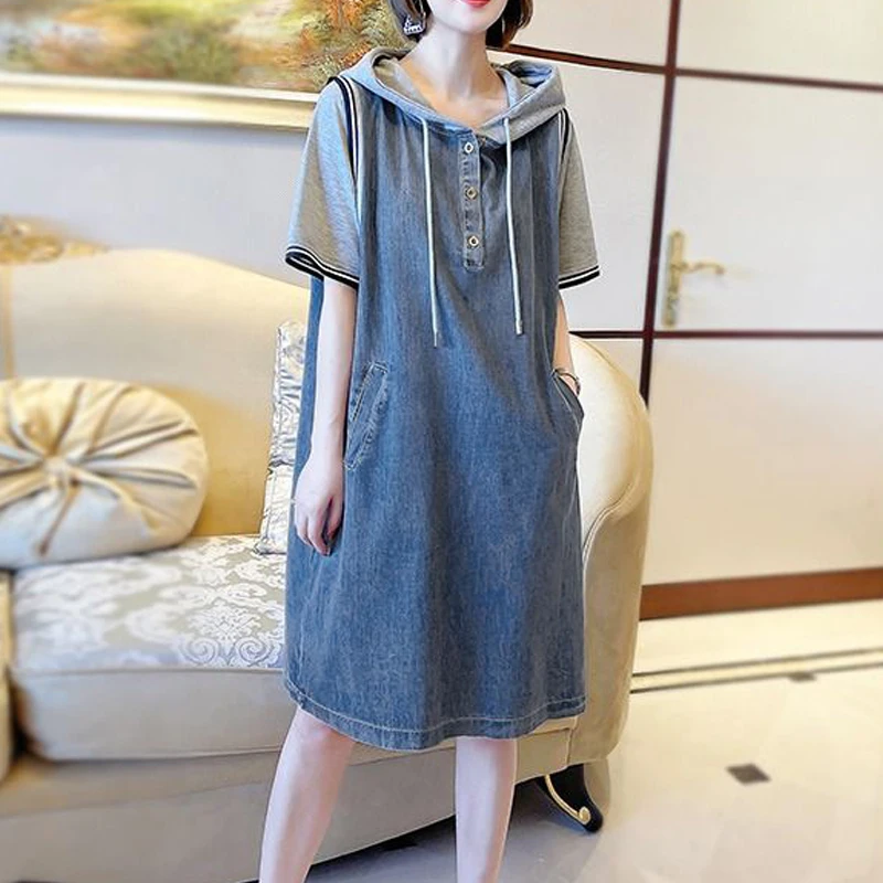 Women Korean Style Denim Patchwork Drawstring Pockets Midi Dress Summer Trendy Casual Streetwear Oversized Y2K Dresses Vestidos